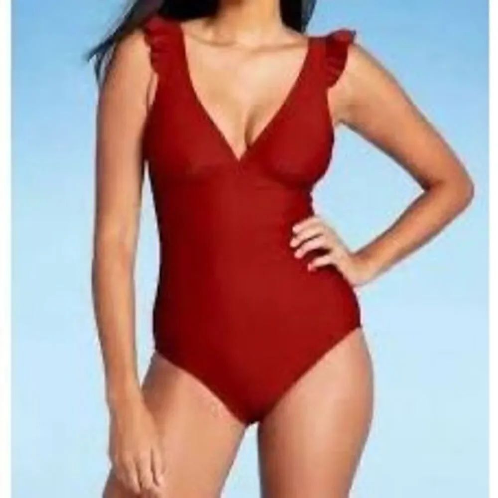 Kona Sol Size M Ruffle Shoulder One Piece Swimsuit Maroon Red Plunge Neck Classy